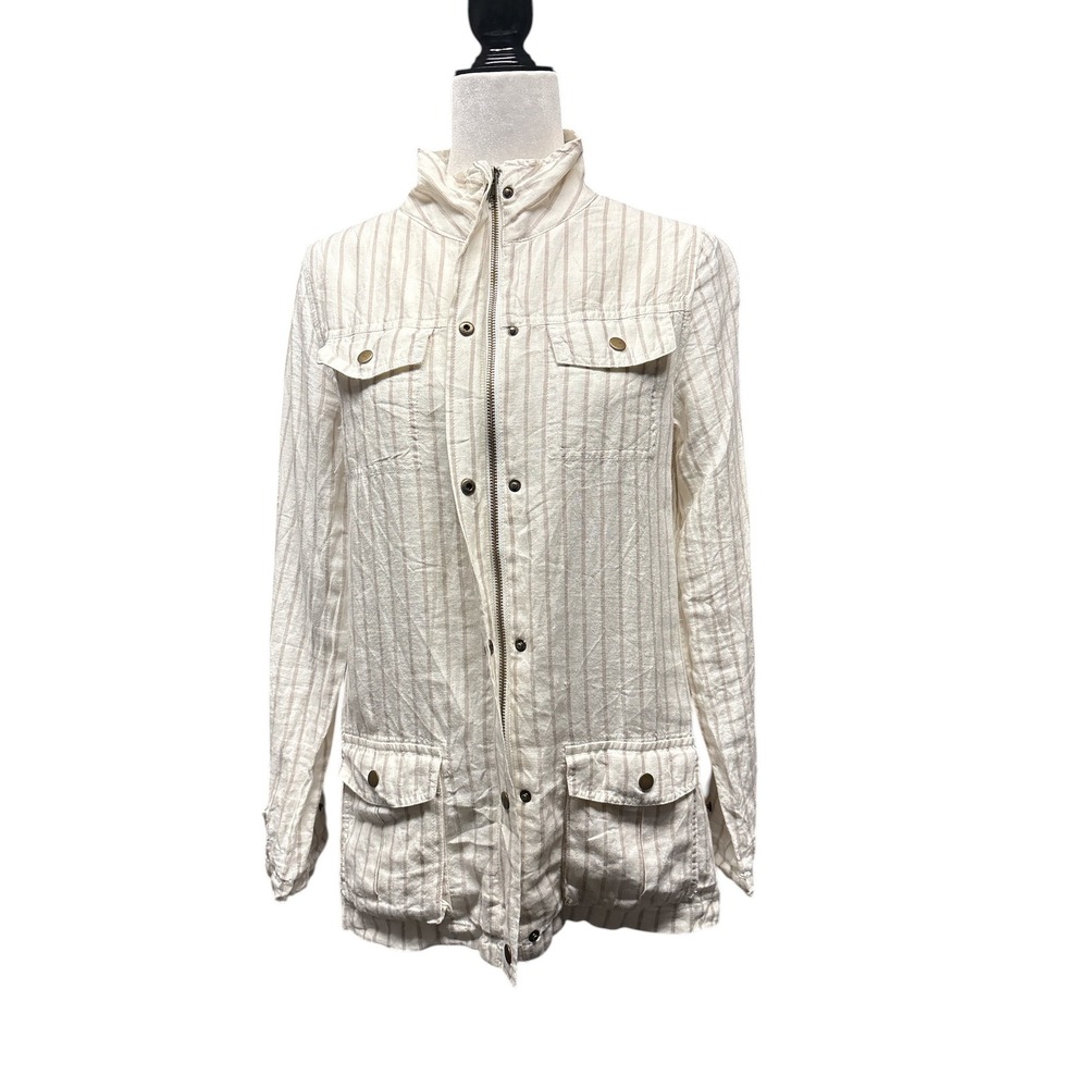 Artisan NY Womens Linen Striped Field Jacket‎ Cream Tan Utility Safari Small